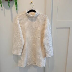 Zara Quilted Cream Floral Detail Mockneck Tunic Dress With Pockets Womens Size M